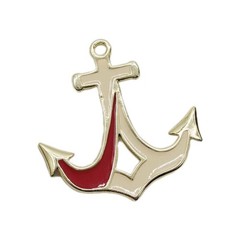 Anchor Ship Brooch Red White Enamel Gold tone Vintage 2.25 in