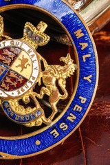 English Antique Hand Painted Enamel Royal Coat of Arms Brooch Pin Armorial