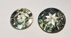 VINTAGE (2) MOTHER OF PEARL INLAID PINS/PENDANTS STAMPED ALPACA MEXICO
