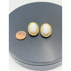 White Milk Glass Vintage Oval Cabochon Clip Earrings Rhinestone Halo GoldTone