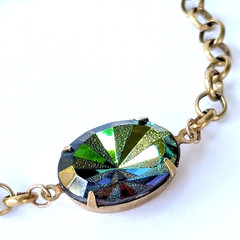 ​Vtg Czech Vitrail Rhinestone Adjustable Length Bracelet Antique Brass Chain