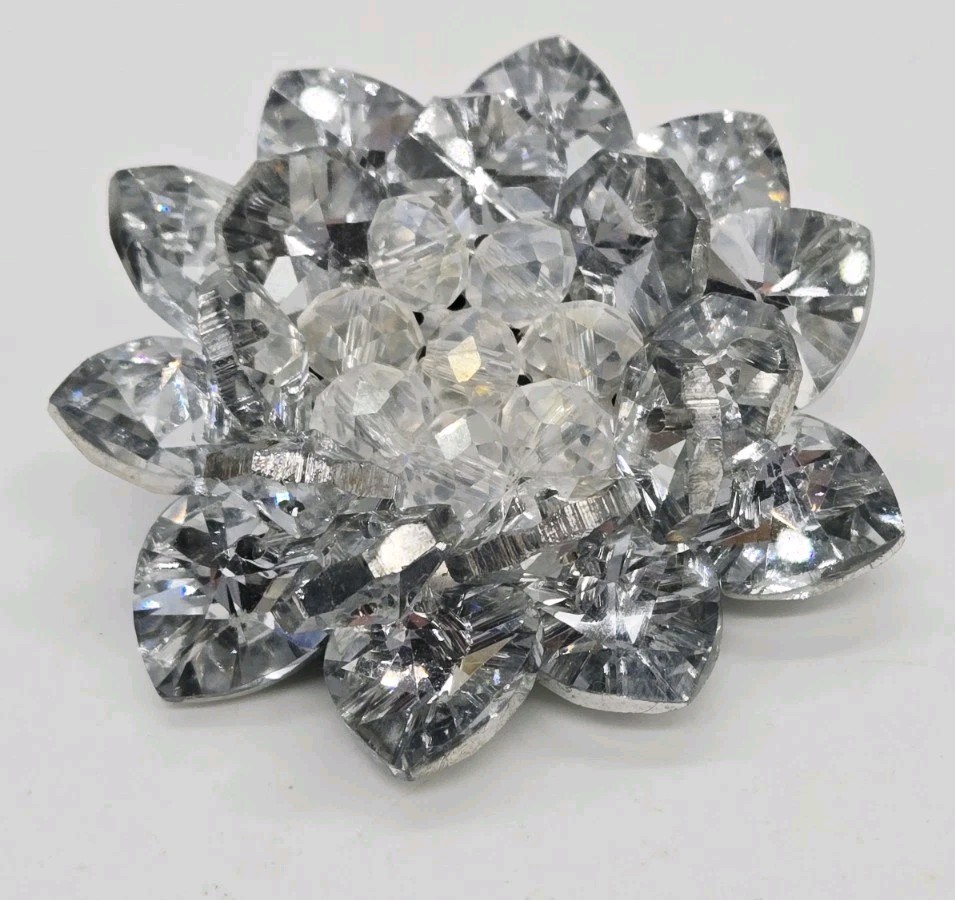 Flower Brooch White Crystals Rhinestone 3D Silver tone 2.5 in
