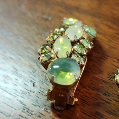 Vintage Opaline Glass & Aurora Borealis Rhinestone Clip Earrings Mid Century