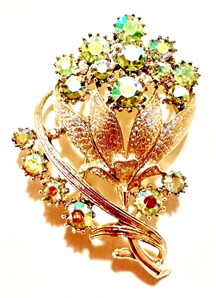 Signed Coro Green AB Rhinestone Floral Brooch 2 1/4″ Silver Tone Pin