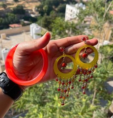 Vintage Thailand Boho Lucite Hoop Chandelier Earrings & Orange Resin Bangle Set