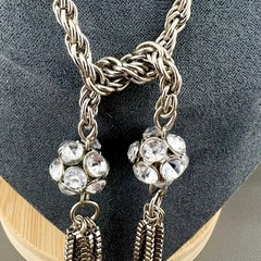 Vintage Tassel Necklace Lariat Rhinestone Ball Heavy Rope Chain Silver Tone 36”