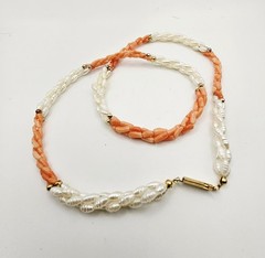 3 Strand Twisted White Rice Pearls/ Coral Necklace With Gold Colored Beads 24″