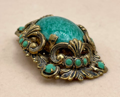 VTG W. Germany Ornate Peking Glass Filigree Shell motifs Brooch C-clasp Art Deco