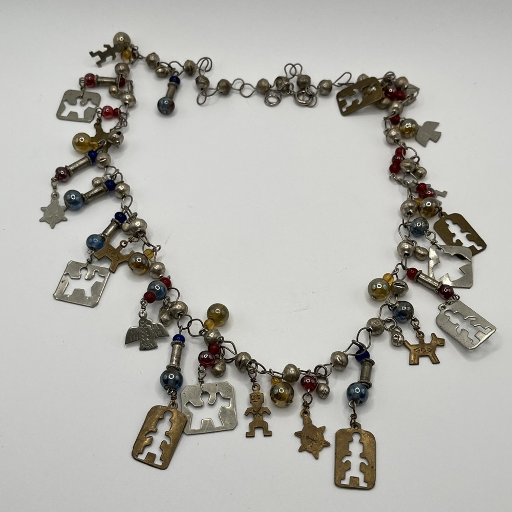 Vintage Guatemalan Chachal Necklace Thunderbird Horse Charms Silver Tone 22″
