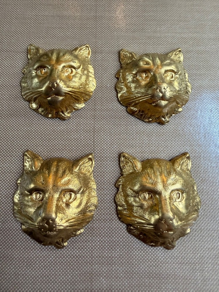 4 Vintage Solid Brass Cat Head Stampings 26mm Deep Repousse Jewelry Findings NOS
