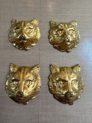 4 Vintage Solid Brass Cat Head Stampings 26mm Deep Repousse Jewelry Findings NOS