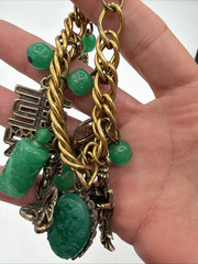 Vintage Gold Tone FOB Bracelet Green Carved Stone Jade‑Style Charms Asian Motif