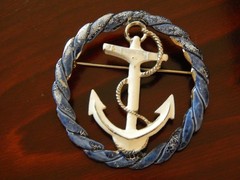 Vintage Coro Enamel Brooch: Blue & White Enamel, Anchor/Nautical