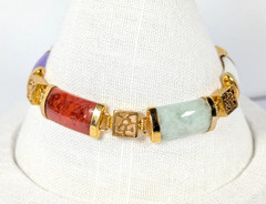 Vtg Six Color Jade w/ Six Chinese Lucky Characters Gold Plated Bracelet 7.5″