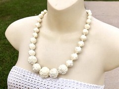 Vintage Ivory Celluloid Carved Graduated Rose Beads Necklace + earrings set