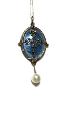 GORGEOUS! Antique STERLING ENAMEL GUILLOCHE /PEARL Pendant Necklace!! MINT!!!!