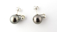 Vintage 14 Karat White Gold Black Pearl and Diamond Earrings #3318