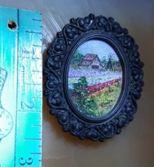 Vintage Brooch Mini Painting Lompoc Flower Field Farm Wine CA. Signd Frame Italy