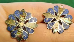 Alpaca Silver Abalone & Lapis Lazuli Flower Screw Back Earrings Repair
