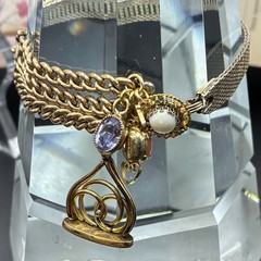 Custom Vintage Gold Filled Pocket Watch Chain & Mesh Bracelet w Charms & Regalia