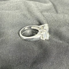 Vtg Y2K 925 Silver Emerald Cut Sz 8.25 CZ Trilogy 3 Stone Ring Hollywood Glam