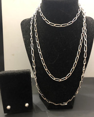Vintage Signed MONET 56 in LONG Silver Tone Necklace & Signed Monet Earrings