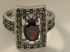Sterling Silver Art Deco Garnet & Marcasite Filigree Ring Size 7