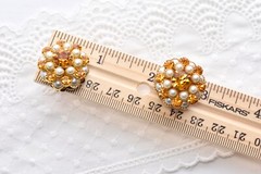 Vintage HOBE Citrine Orange Rhinestone Pearl Cluster Dome Screw Back Earrings