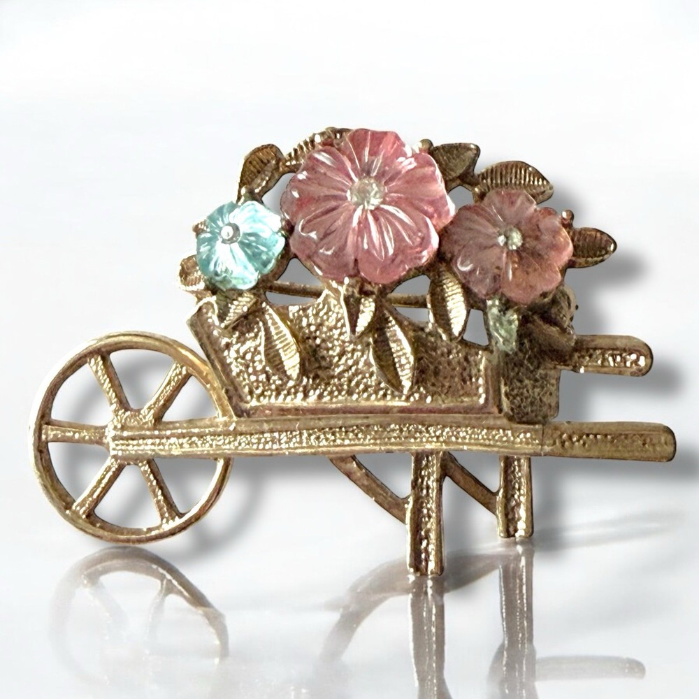 Flower Cart Brooch Molded Glass Rhinestones Gold Tone Garden Vintage Pin