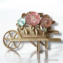 Flower Cart Brooch Molded Glass Rhinestones Gold Tone Garden Vintage Pin