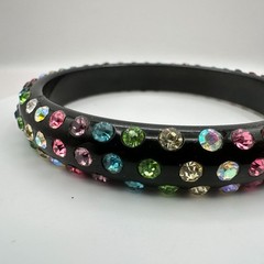 Vintage 80s Black Bangle Bracelet Multicolor Glass Inset Classic Fashion Jewelry
