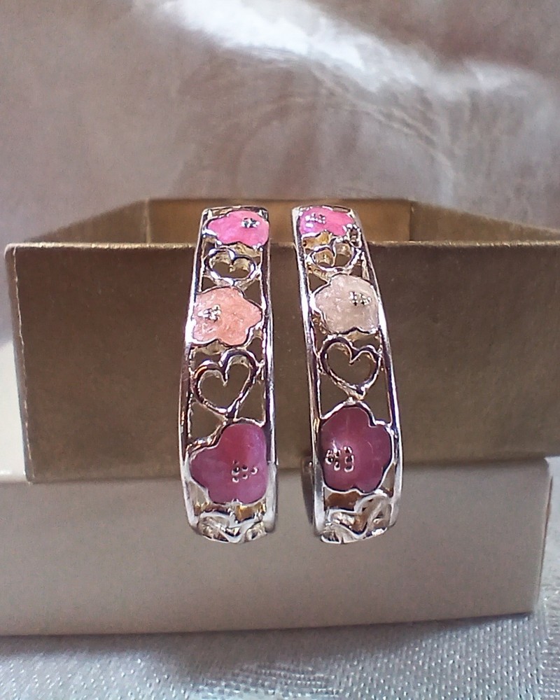 Vintage Avon Sterling Silver 925 Enamel Flower Heart Filligree J Hoop Earrings