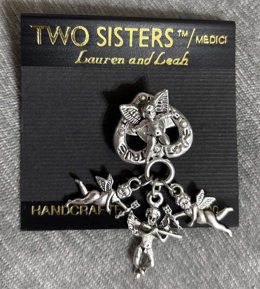 Two Sisters Medici Lauren & Leah Handcrafted Silver Heart & Cherubs Brooch/Pin
