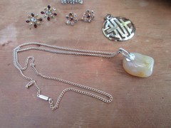 #33W antique set of 3 rhinestone earrings 1 necklace 13.5″ in long