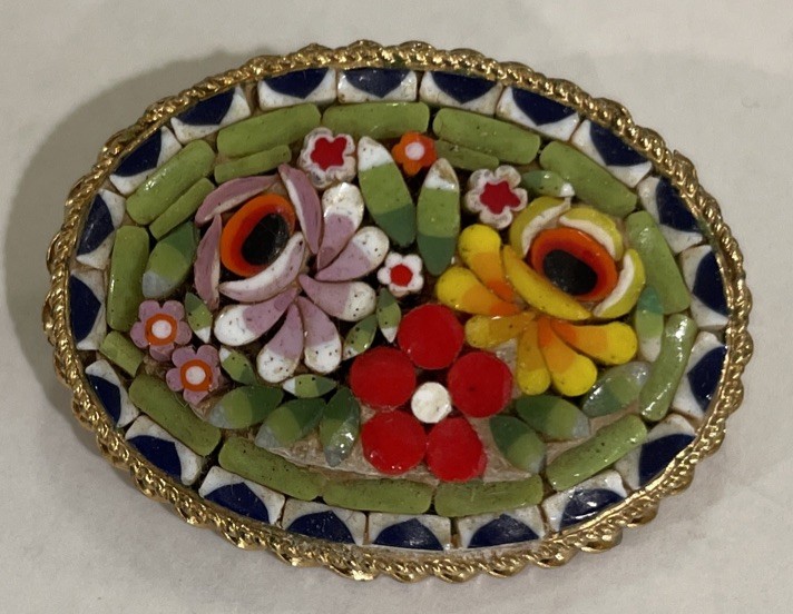 Colorful Micro Mosaic Pin Flowers Leaves Red Green Yellow Blue White Excellent