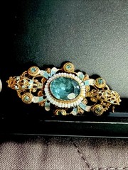 Antique Signed Czechoslov White Beads Enamel Brooch Blue Glass Stone Pin