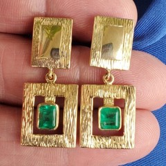 Original EARTH MINED EMERALD Deco Design Earrings Vintage Style Dangles 14K GOLD