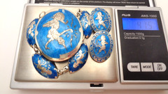 Vintage Sterling Silver Siam Niello Blue Enamel Necklace Brooch Clip Earring Set