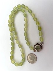 Vintage Green Prehnite Oval Bead Necklace Hand Knotted Sterling Clasp Prehnite