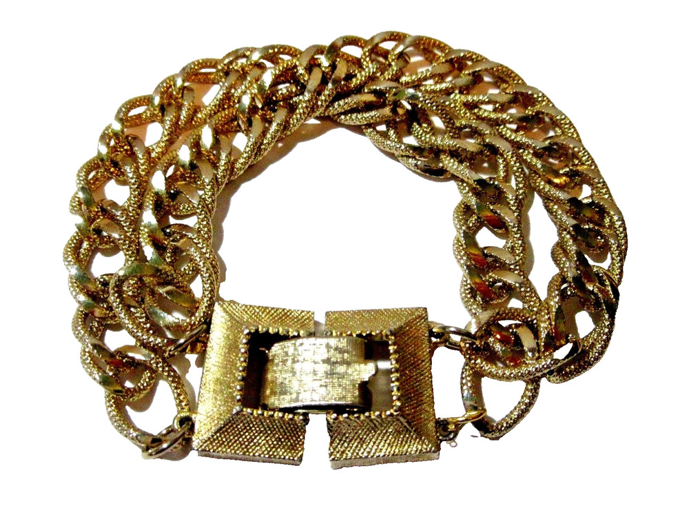 GOLD TONE TEXTURED AND SHINY LINK FANCY DOUBLE STRAND CHAIN BRACELET VINTAGE