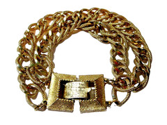 GOLD TONE TEXTURED AND SHINY LINK FANCY DOUBLE STRAND CHAIN BRACELET VINTAGE