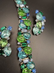 Juliana Style 1950’s Statement Rhinestone Bracelet Clip On’s Rare Blue Green