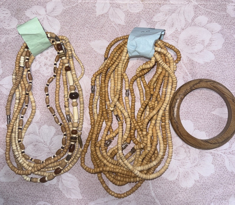 Vintage Boho Tribal Style Necklace Stack Jewelry Lot Wood Beads, Bracelet