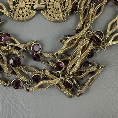 Vintage Necklace Gold Tone Multi Strand Purple Rhinestone Statement 25″