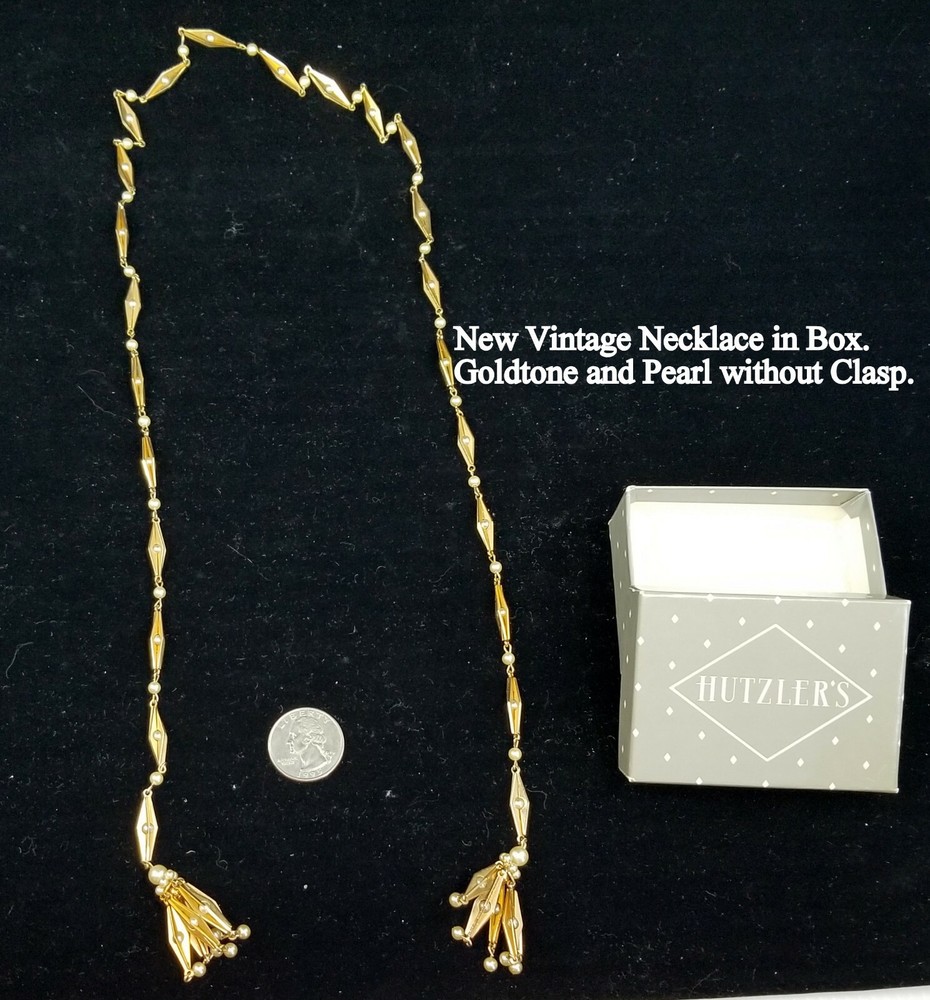 New in Box Vintage Goldtone & Pearl Fold-over Necklace without Clasp 33 inches