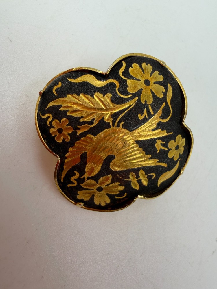Vintage Brooch Damascene Black Bird Cross Puffy Clover Trombone Clasp