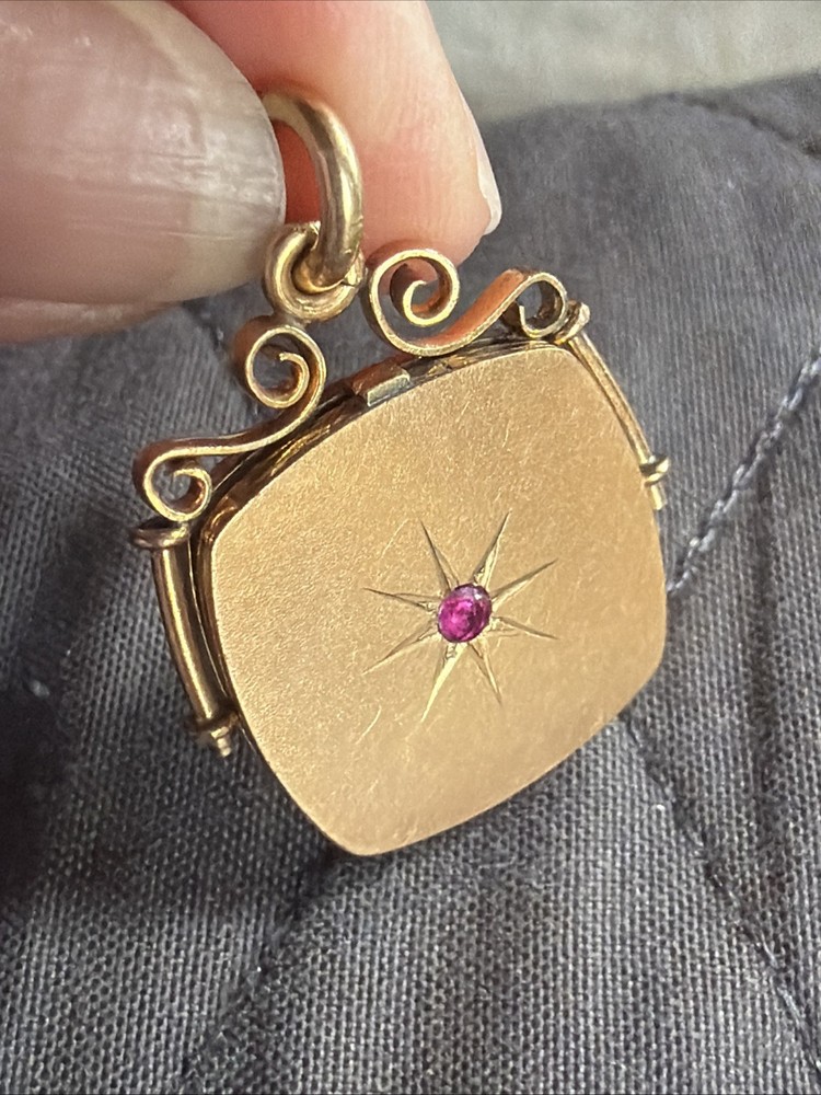 Antique Wightman & Hough (W&H Co.) 4.7g Gold Fill Square Locket Ruby Gem Mono