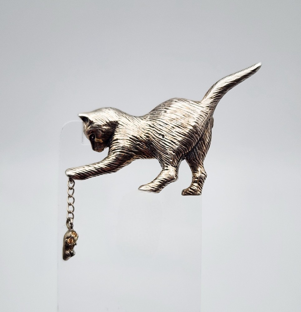 Jezlaine Vintage Sterling Silver Citrine Cat & Mouse Brooch Pin 2.25″ X .9″