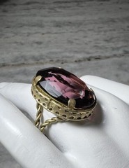 Antique Czechoslovakia Gold Plated, Faceted Purple Glass Ring, Size 5, Pre-1920