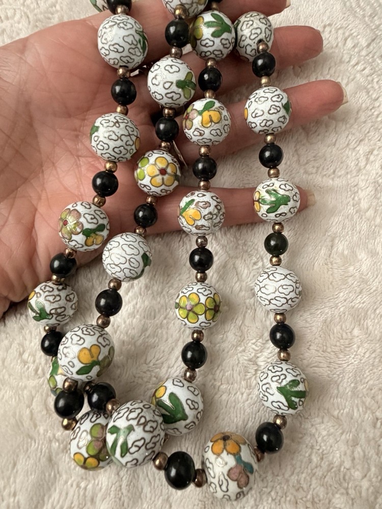 Vintage Chinese Export Cloisonné Beaded Necklace Black Green Floral Enamel 32”